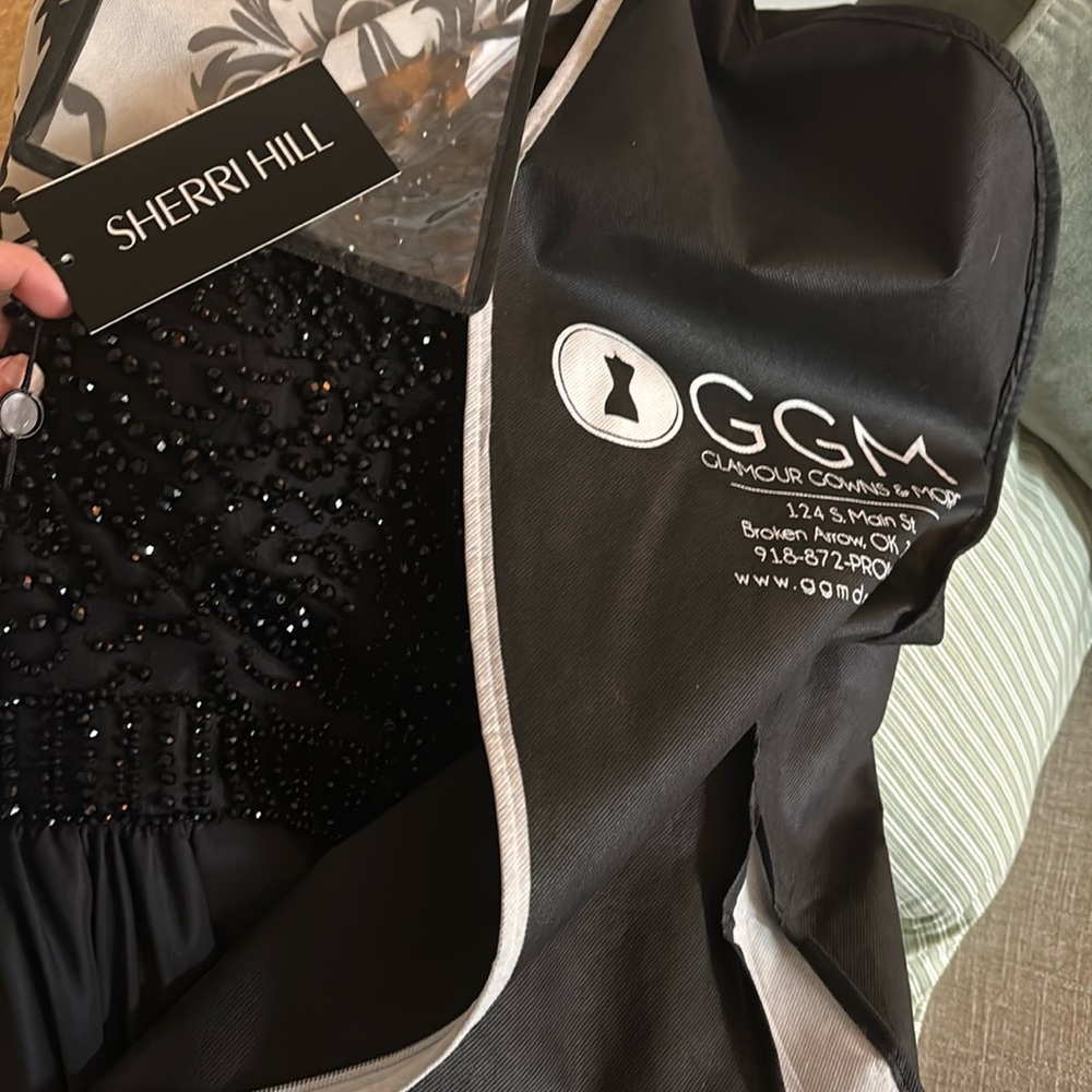 Sherri Hill black satin and crystals formal dress with crinoline. - Picture 2 of 6